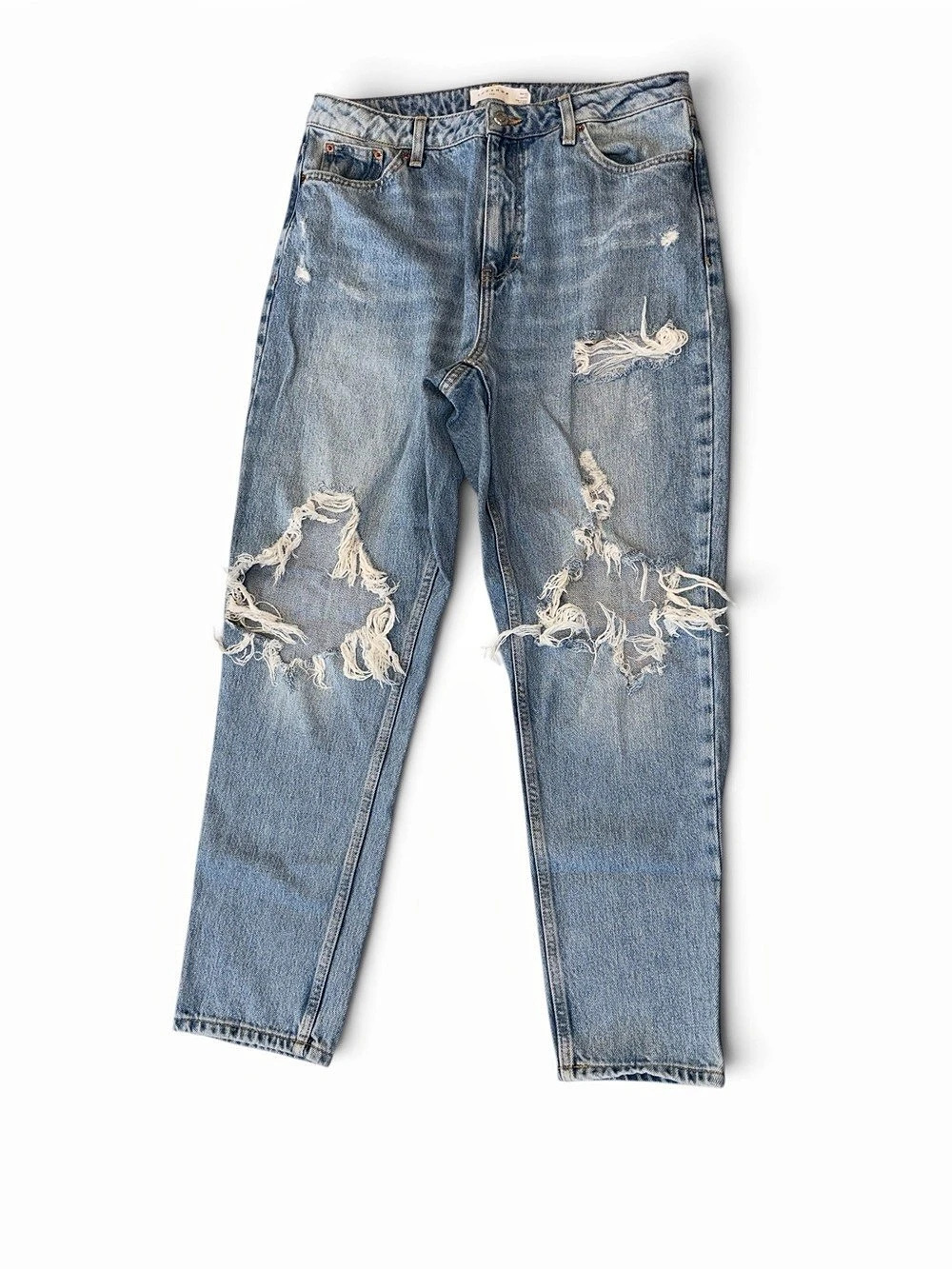 Topshop Mom Jeans W30 L30 Light Wash Distressed High Rise Tapered - Picture 2 of 11